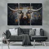 93195031-MGV-CV-36X24-Dark Longhorn Bull Wall Art – Western Steer Canvas Print, Moody Rustic Animal Painting for Man Cave, Ranch House, Office or Modern