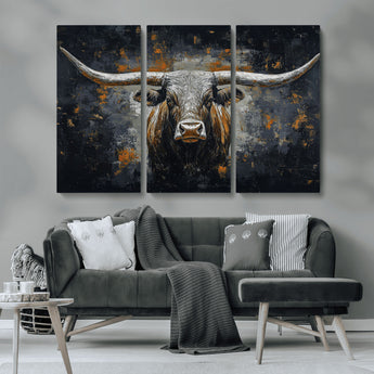 93195031-MGV-CV-36X24-Dark Longhorn Bull Wall Art – Western Steer Canvas Print, Moody Rustic Animal Painting for Man Cave, Ranch House, Office or Modern