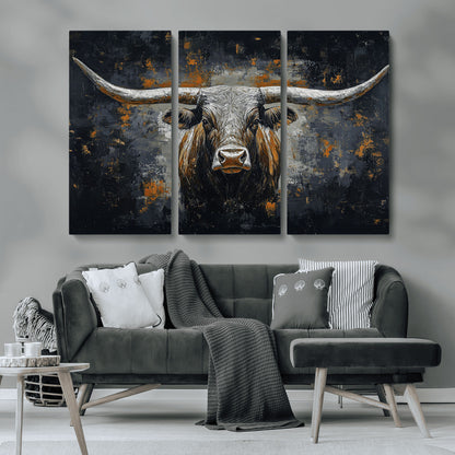 93195031-MGV-CV-36X24-Dark Longhorn Bull Wall Art – Western Steer Canvas Print, Moody Rustic Animal Painting for Man Cave, Ranch House, Office or Modern