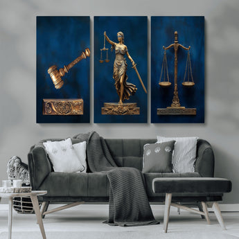91629053-MGV-CV-36X24-Lady Justice Wall Art – Golden Gavel and Scales Canvas Print, Elegant Legal Office Decor for Lawyers, Judges, Courtroom or Study