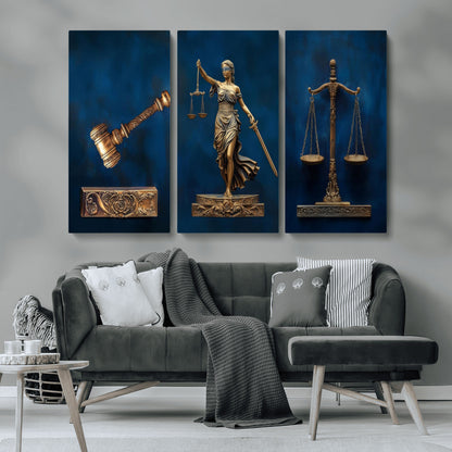 91629053-MGV-CV-36X24-Lady Justice Wall Art – Golden Gavel and Scales Canvas Print, Elegant Legal Office Decor for Lawyers, Judges, Courtroom or Study