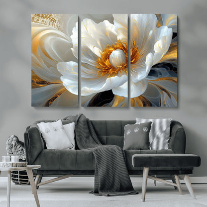 39604126-MGV-CV-36X24-Abstract Flower Wall Art – Elegant White and Gold Bloom Canvas Print, Modern Floral Artwork for Bedroom, Living Room, or Office
