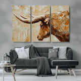 69611428-MGV-CV-36X24-Longhorn Bull Wall Art – Rustic Western Canvas Print, Textured Farmhouse Cattle Painting for Living Room, Office, or Ranch House