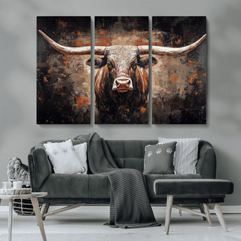 24779067-MGV-CV-36X24-Longhorn Bull Wall Art – Western Rustic Canvas Print, Bold Cowboy Cattle Painting for Ranch House, Farmhouse, Office, or Living