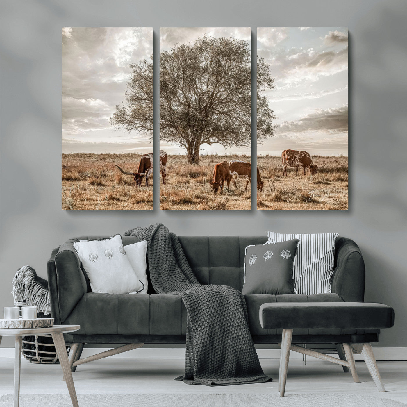 87590224-MGV-CV-36X24-Longhorn Cattle Wall Art – Rustic Western Landscape Canvas Print, Texas Farmhouse Prairie Scene for Living Room, Office, or Ranch
