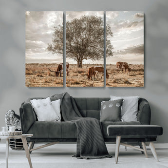 87590224-MGV-CV-36X24-Longhorn Cattle Wall Art – Rustic Western Landscape Canvas Print, Texas Farmhouse Prairie Scene for Living Room, Office, or Ranch