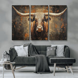 19204445-MGV-CV-36X24-Texas Longhorn Bull Wall Art – Rustic Western Canvas Print, Bold Cowboy Cattle Painting for Ranch House, Farmhouse, Office, or