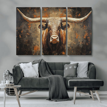 19204445-MGV-CV-36X24-Texas Longhorn Bull Wall Art – Rustic Western Canvas Print, Bold Cowboy Cattle Painting for Ranch House, Farmhouse, Office, or