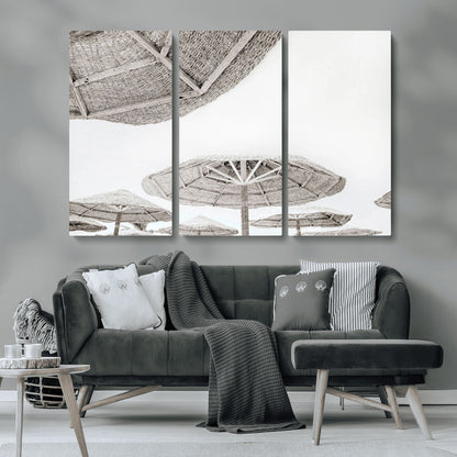 97043123-MGV-CV-36X24-Beach Umbrella Wall Art – Minimalist Coastal Canvas Print, Woven Parasol Summer Decor for Bedroom, Living Room, or Modern Beach