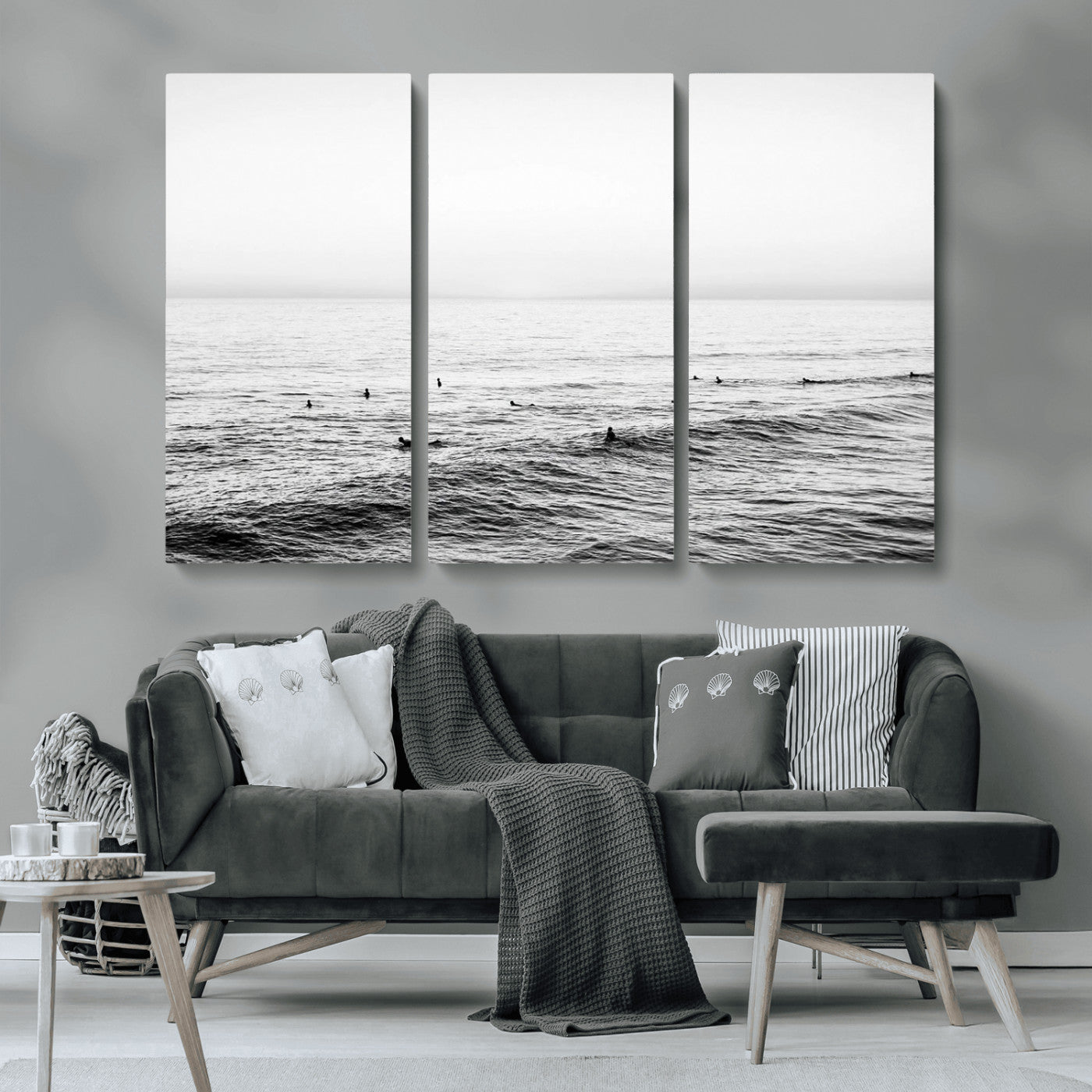 47208268-MGV-CV-36X24-Surfer Ocean Wall Art – Black and White Coastal Canvas Print, Minimalist Surfing Seascape Decor for Living Room, Bedroom, or Beach