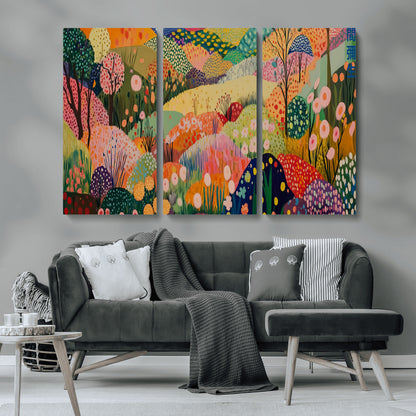 79636380-MGV-CV-36X24-Colorful Abstract Landscape Wall Art – Vibrant Hills and Flowers Canvas Print, Modern Whimsical Artwork for Living Room, Bedroom,