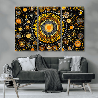 45478523-MGV-CV-36X24-Abstract Circle Wall Art – Bold Black and Gold Dot Painting Canvas Print, Modern Geometric Mandala Style Decor for Living Room or