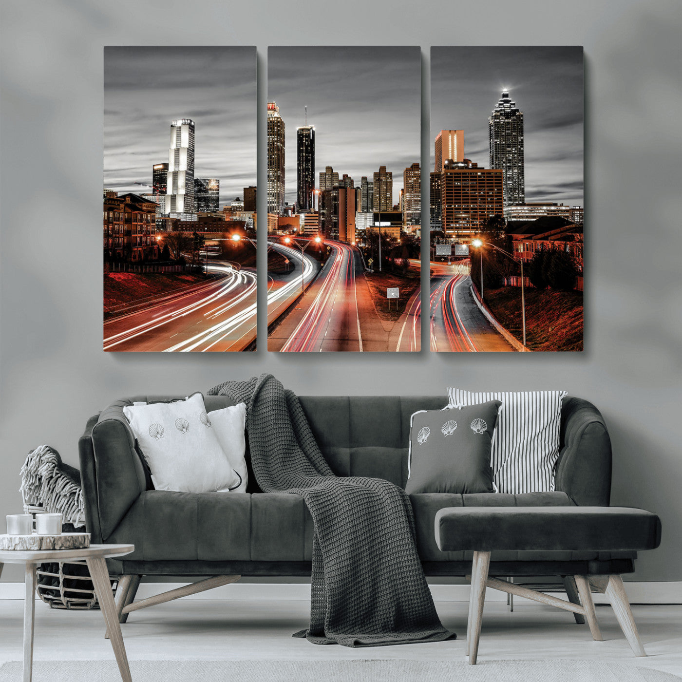 59097239-MGV-CV-36X24-City Skyline Wall Art – Modern Black and White Night Canvas Print with Red Light Trails, Urban Landscape Decor for Living Room or