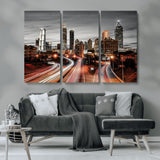 59097239-MGV-CV-36X24-City Skyline Wall Art – Modern Black and White Night Canvas Print with Red Light Trails, Urban Landscape Decor for Living Room or