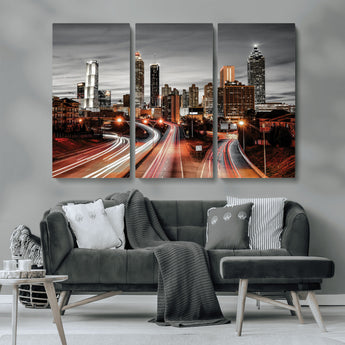 59097239-MGV-CV-36X24-City Skyline Wall Art – Modern Black and White Night Canvas Print with Red Light Trails, Urban Landscape Decor for Living Room or