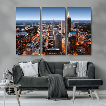 25096967-MGV-CV-36X24-Atlanta Skyline Wall Art – Vibrant Cityscape Canvas Print, Modern Night Lights Urban Decor for Office, Living Room, or Apartment