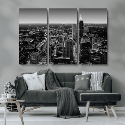 46578567-MGV-CV-36X24-Atlanta Skyline Wall Art – Black and White Cityscape Canvas Print, Modern Urban Night Decor for Office, Living Room, or Apartment