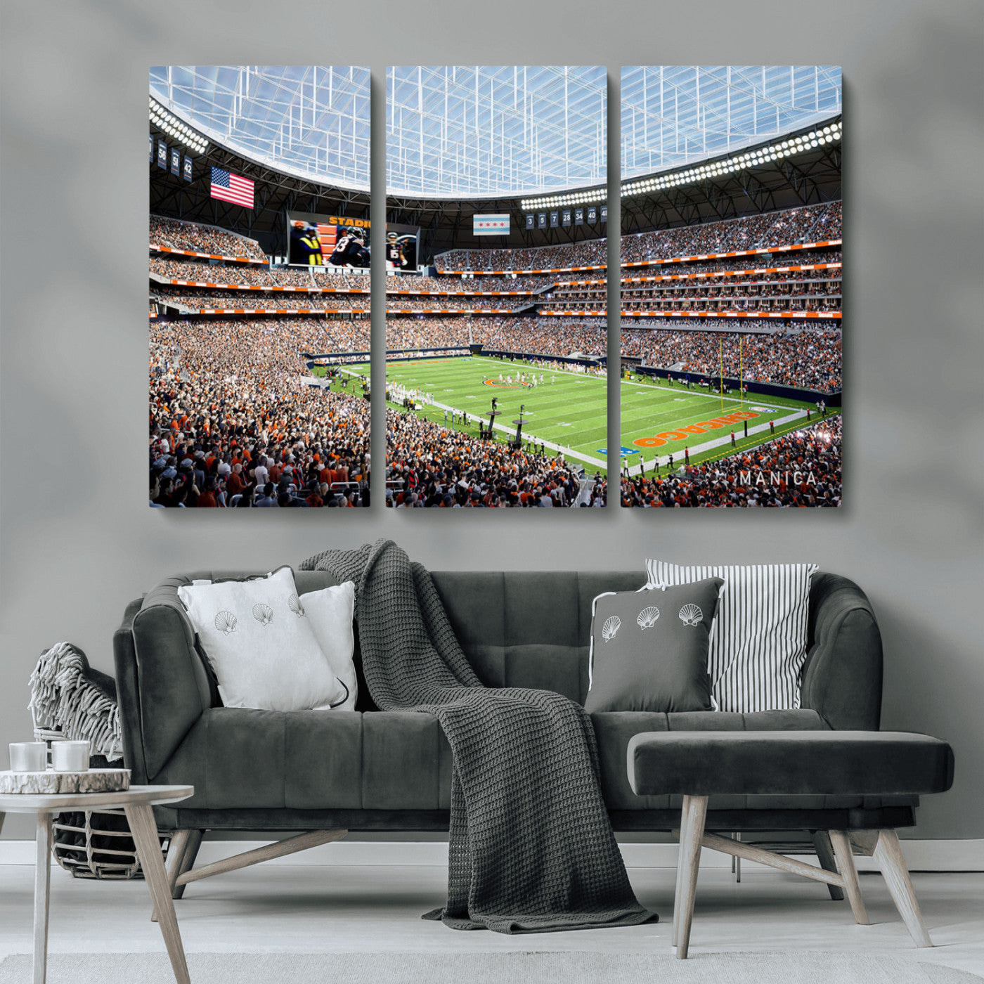 32530647-MGV-CV-36X24-Chicago Bears Stadium Wall Art – Futuristic Dome Arena Canvas Print, Modern Football Concept Design Decor for Man Cave, Bar, or