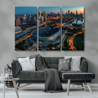36690345-MGV-CV-36X24-Soldier Field Wall Art – Chicago Bears Stadium Aerial Night Canvas Print, City Skyline Football Decor for Living Room, Office, or