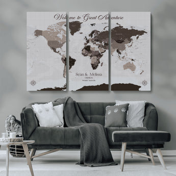 43749658-MGV-CV-36X24-Welcome to Great Adventure World Map Wall Art – Charcoal Gray Canvas Print, Rustic Travel Decor for Living Room, Study, Office or