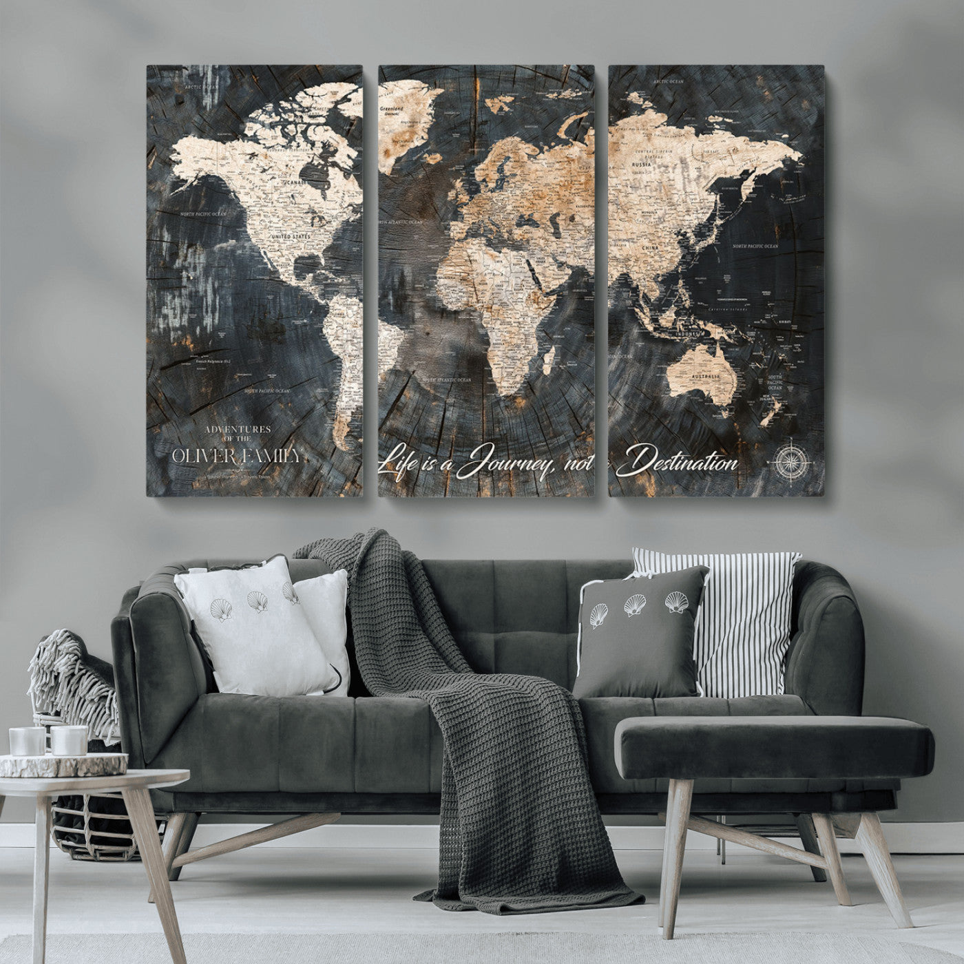 37848568-MGV-CV-36X24-Life is a Journey Not a Destination World Map Rustic Wood Texture Vintage Beige Navy Adventure Wall Art Canvas Print for Home