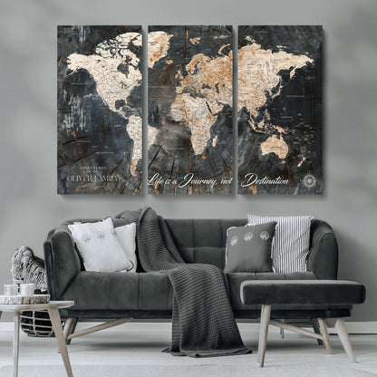 37848568-MGV-CV-36X24-Life is a Journey Not a Destination World Map Rustic Wood Texture Vintage Beige Navy Adventure Wall Art Canvas Print for Home