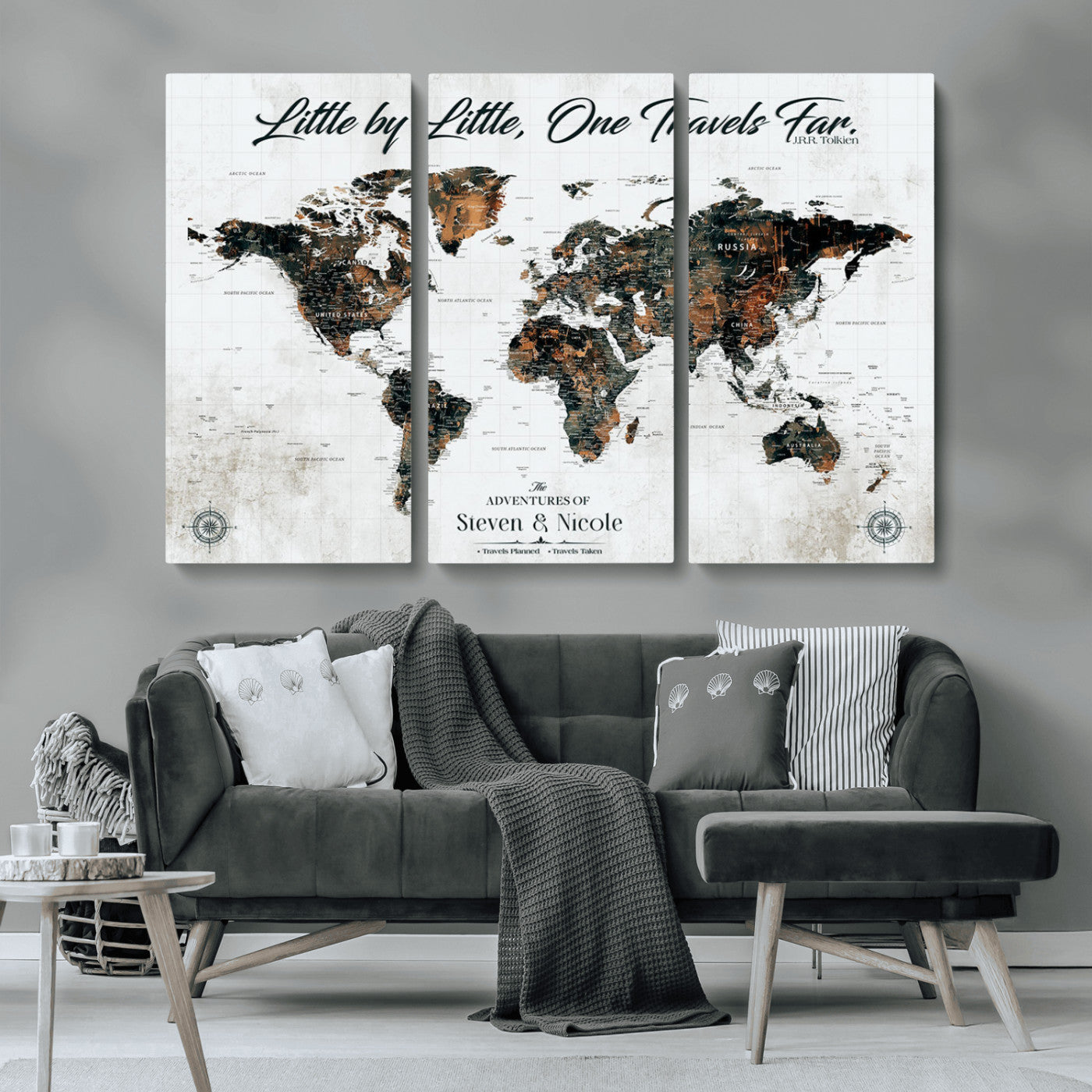 88337180-MGV-CV-36X24-Little by Little One Travels Far Tolkien Quote World Map Rustic Black Brown Adventure Wall Art Canvas Print for Home Office Living