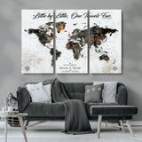 88337180-MGV-CV-36X24-Little by Little One Travels Far Tolkien Quote World Map Rustic Black Brown Adventure Wall Art Canvas Print for Home Office Living