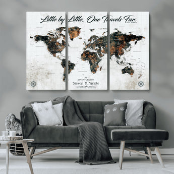 88337180-MGV-CV-36X24-Little by Little One Travels Far Tolkien Quote World Map Rustic Black Brown Adventure Wall Art Canvas Print for Home Office Living