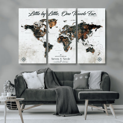 88337180-MGV-CV-36X24-Little by Little One Travels Far Tolkien Quote World Map Rustic Black Brown Adventure Wall Art Canvas Print for Home Office Living