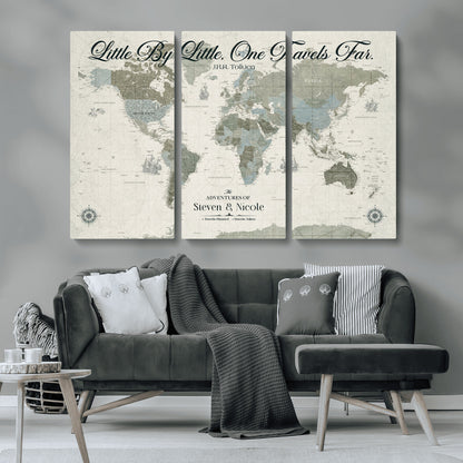 10693204-MGV-CV-36X24-Little By Little One Travels Far Tolkien Quote Blue Green World Map Adventure Wall Art Canvas Print Rustic Wanderlust Travel Decor