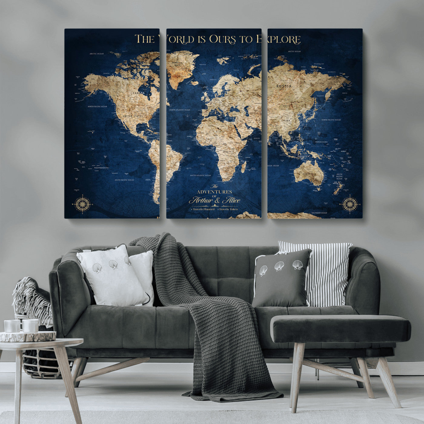 54782997-MGV-CV-36X24-The World is Ours to Explore Wall Art – Blue World Map Canvas Print, Adventure Travel Decor for Home, Office or Living Room,