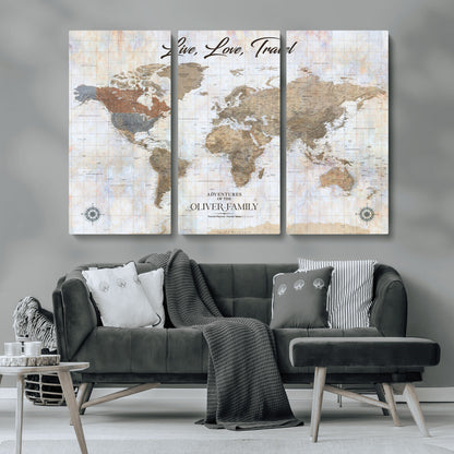 43924907-MGV-CV-36X24-Live Love Travel Wall Art – Neutral World Map Canvas Print, Rustic Adventure Decor for Home, Office or Living Room, Unique Gift