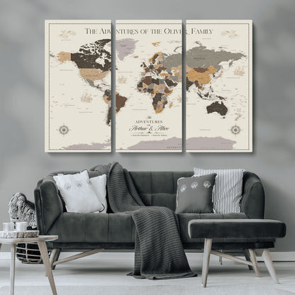38723540-MGV-CV-36X24-Adventures of the Oliver Family Wall Art – Earth Tone World Map Canvas Print, Minimalist Travel Decor for Living Room, Bedroom or