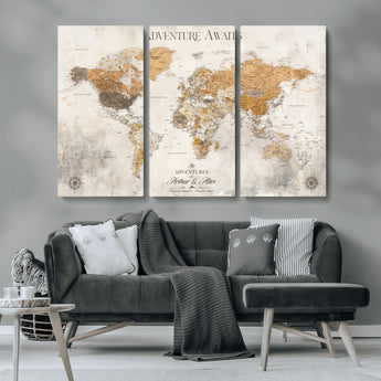 99422096-MGV-CV-36X24-Adventure Awaits World Map Wall Art – Neutral Beige Canvas Print, Modern Travel Inspired Wall Decor for Living Room, Bedroom or
