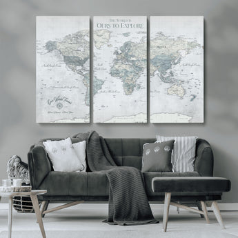 94249974-MGV-CV-36X24-Ours Explore World Map Wall Art – Modern Travel Canvas Print, Neutral Adventure Decor for Living Room, Office, Study, Bedroom,