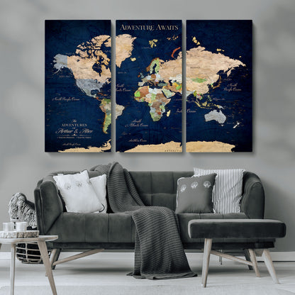 43160428-MGV-CV-36X24-Adventure Awaits Navy Blue World Map – Vibrant Travel Canvas Wall Art, Antique Atlas Print, Wanderlust Decor for Home Office