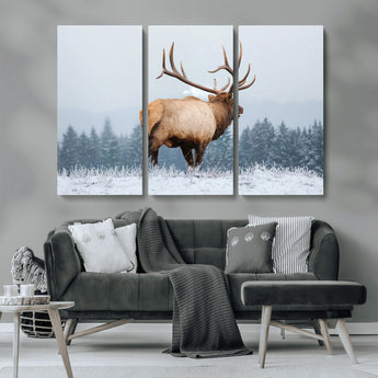 85177251-MGV-CV-36X24-Elk Wall Art – Majestic Wildlife Canvas Print of Bull Elk Snowy Forest, Rustic Nature Decor for Living Room, Cabin, or Office