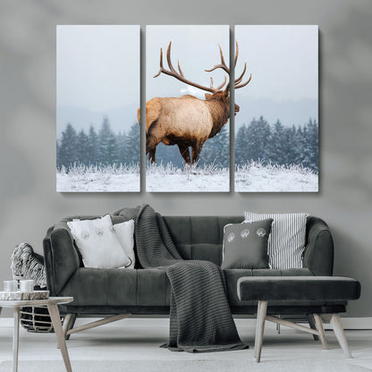 85177251-MGV-CV-36X24-Elk Wall Art – Majestic Wildlife Canvas Print of Bull Elk Snowy Forest, Rustic Nature Decor for Living Room, Cabin, or Office