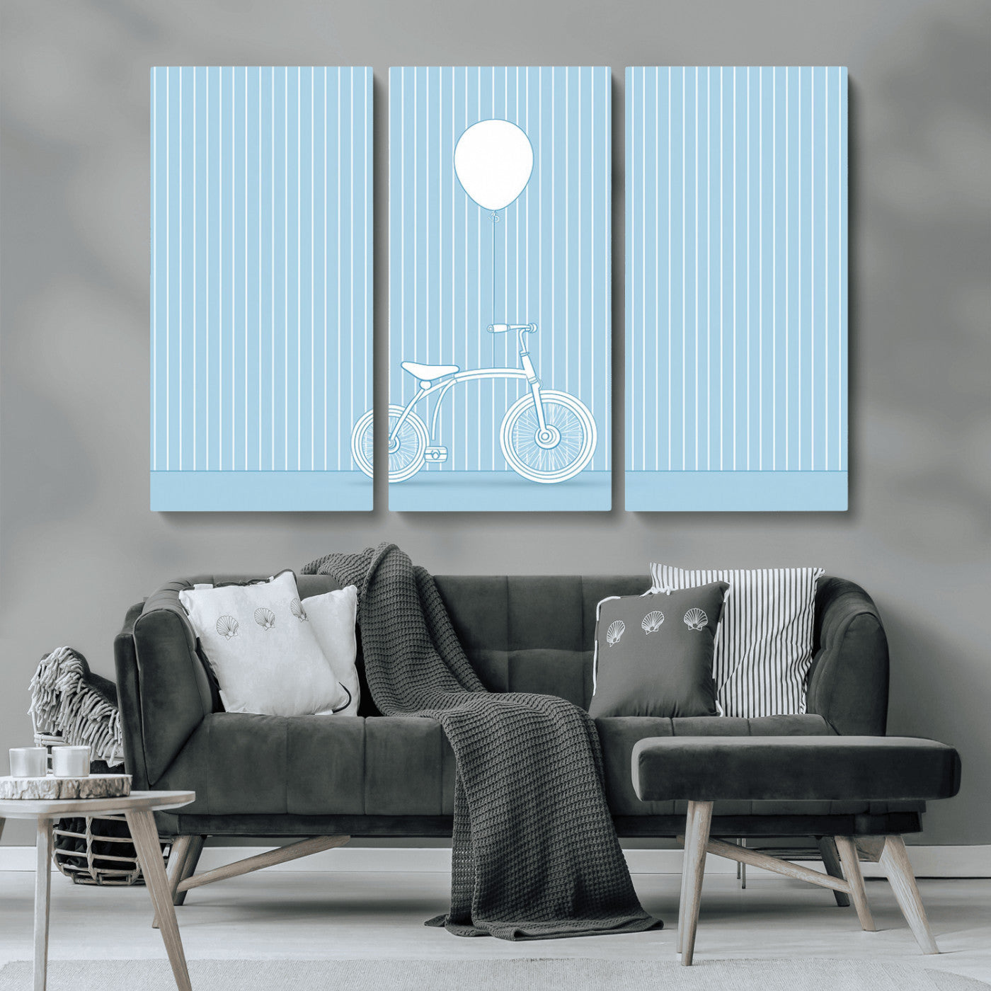 56479838-MGV-CV-36X24-Bicycle Wall Art – Minimalist Blue Canvas Print with Balloon Illustration, Modern Decor Artwork for Kids Room, Nursery, or Living