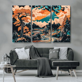 21638941-MGV-CV-36X24-Japanese Landscape Wall Art – Mount Fuji and Flowing River Ukiyo-e Style Canvas Print, Traditional Japan Inspired Artwork for