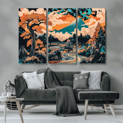 21638941-MGV-CV-36X24-Japanese Landscape Wall Art – Mount Fuji and Flowing River Ukiyo-e Style Canvas Print, Traditional Japan Inspired Artwork for