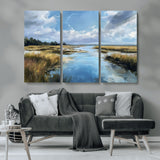 87082041-MGV-CV-36X24-Painted Marshland Canvas Wall Art – Serene Water Reflection, Blue Sky, Golden Grass Landscape, Calm Nature Decor for Home, Office,