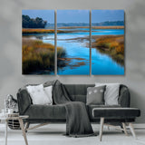 26300004-MGV-CV-36X24-Tranquil Marshland Canvas Wall Art – Blue Water, Reflective Sky, Golden Grasses, Calm Nature Landscape, Scenic Outdoor Beauty for