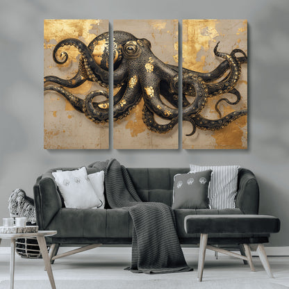57944271-MGV-CV-36X24-Octopus Wall Art – Black and Gold Nautical Canvas Print, Modern Ocean Inspired Artwork with Elegant Detailing, Coastal Marine