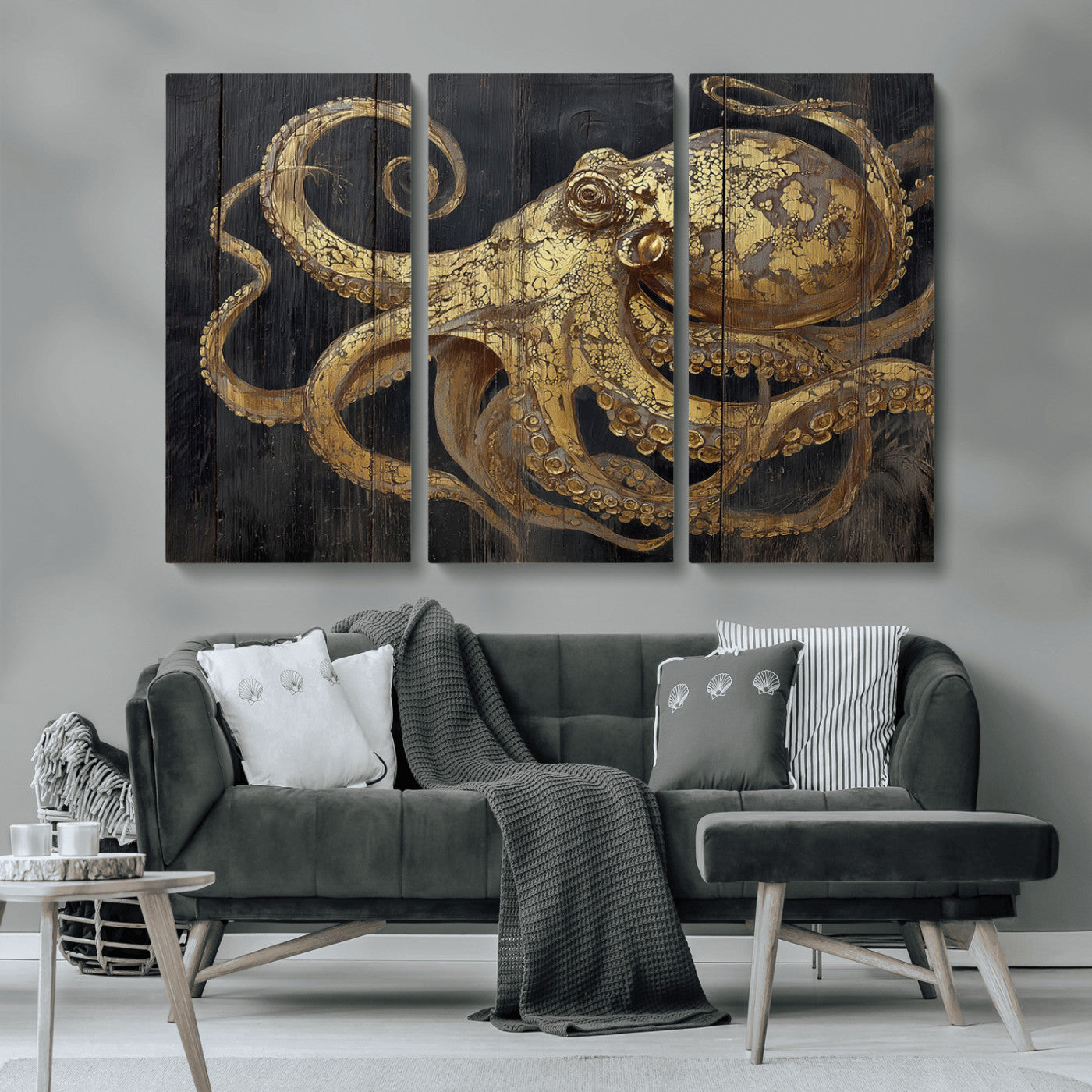 47056538-MGV-CV-36X24-Octopus Canvas Wall Art – Gold Detail, Wooden Texture, Marine Life, Ocean Creature Tentacles, Nautical Coastal Rustic Decor for
