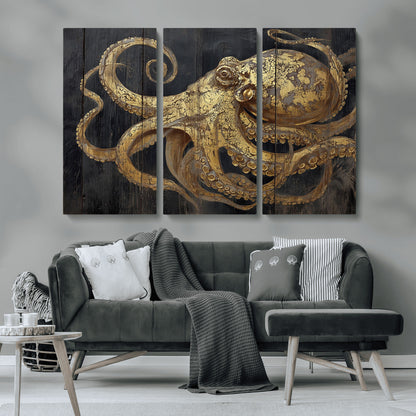 47056538-MGV-CV-36X24-Octopus Canvas Wall Art – Gold Detail, Wooden Texture, Marine Life, Ocean Creature Tentacles, Nautical Coastal Rustic Decor for