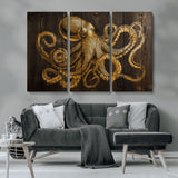 56769669-MGV-CV-36X24-Octopus Wall Art – Gold Nautical Canvas Print with Rustic Wood Panel Design, Detailed Marine Artwork for Coastal Ocean Decoration