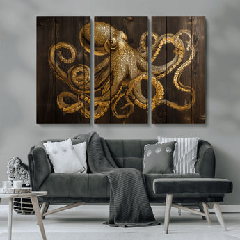 56769669-MGV-CV-36X24-Octopus Wall Art – Gold Nautical Canvas Print with Rustic Wood Panel Design, Detailed Marine Artwork for Coastal Ocean Decoration