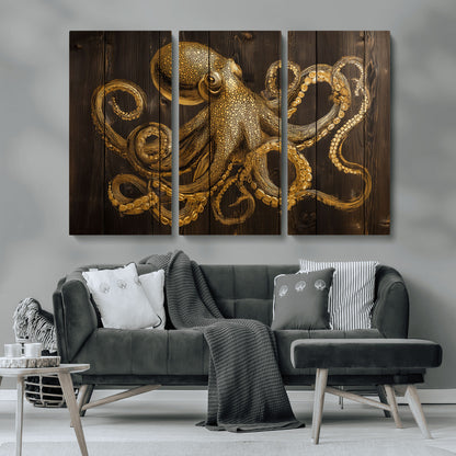56769669-MGV-CV-36X24-Octopus Wall Art – Gold Nautical Canvas Print with Rustic Wood Panel Design, Detailed Marine Artwork for Coastal Ocean Decoration
